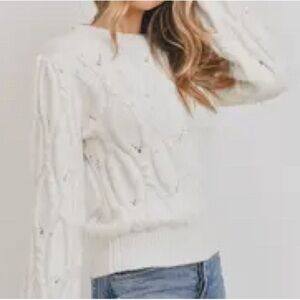 Sweet Rain “Lyndale” Ivory Oversized Cable Knit Sweater with Embellishments